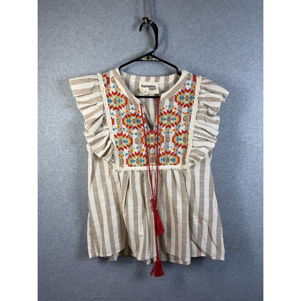 Savanna Jane Tunic Top Womens Small Striped Embroidered Ruffle Tassel Boho
